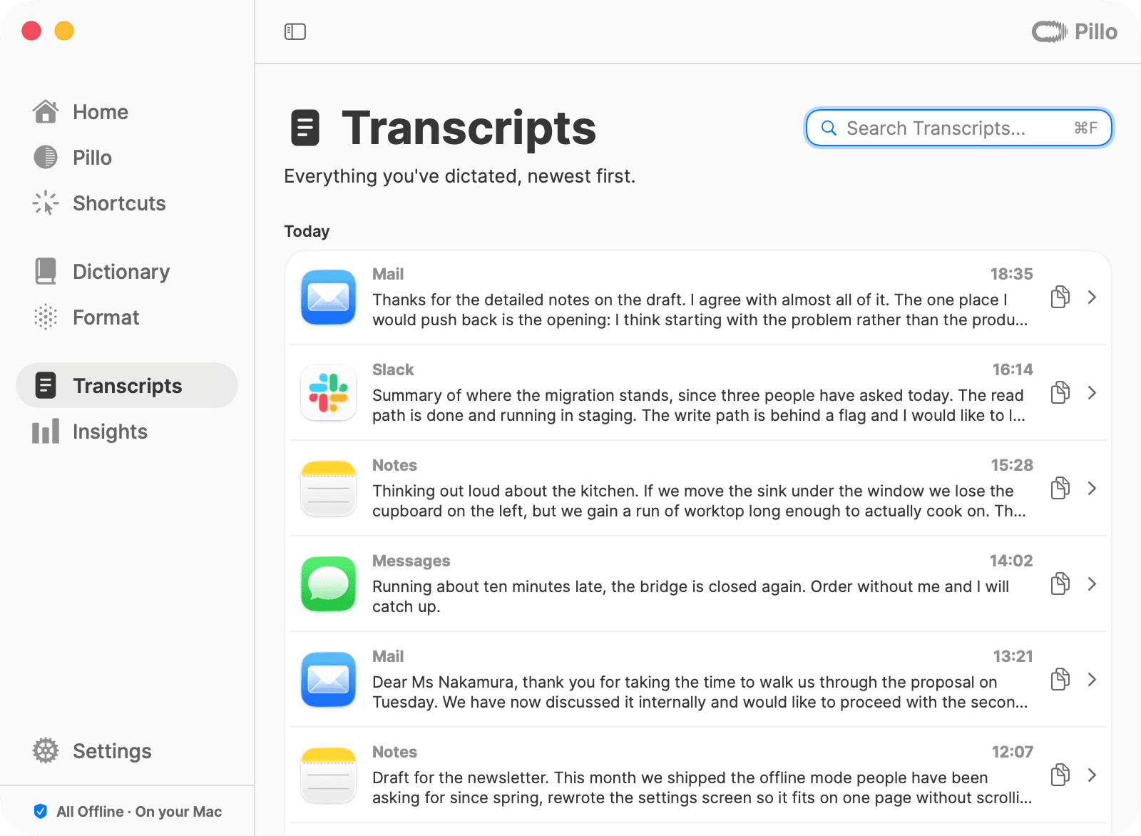 Pillo’s Transcripts tab: a searchable list of dictations into Mail, Slack, Notes and Messages.